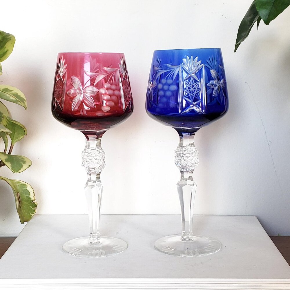 Pair Of Lausitzer Traube Cut to Clear Cranberry Red And Cobalt Blue Wine Glasses